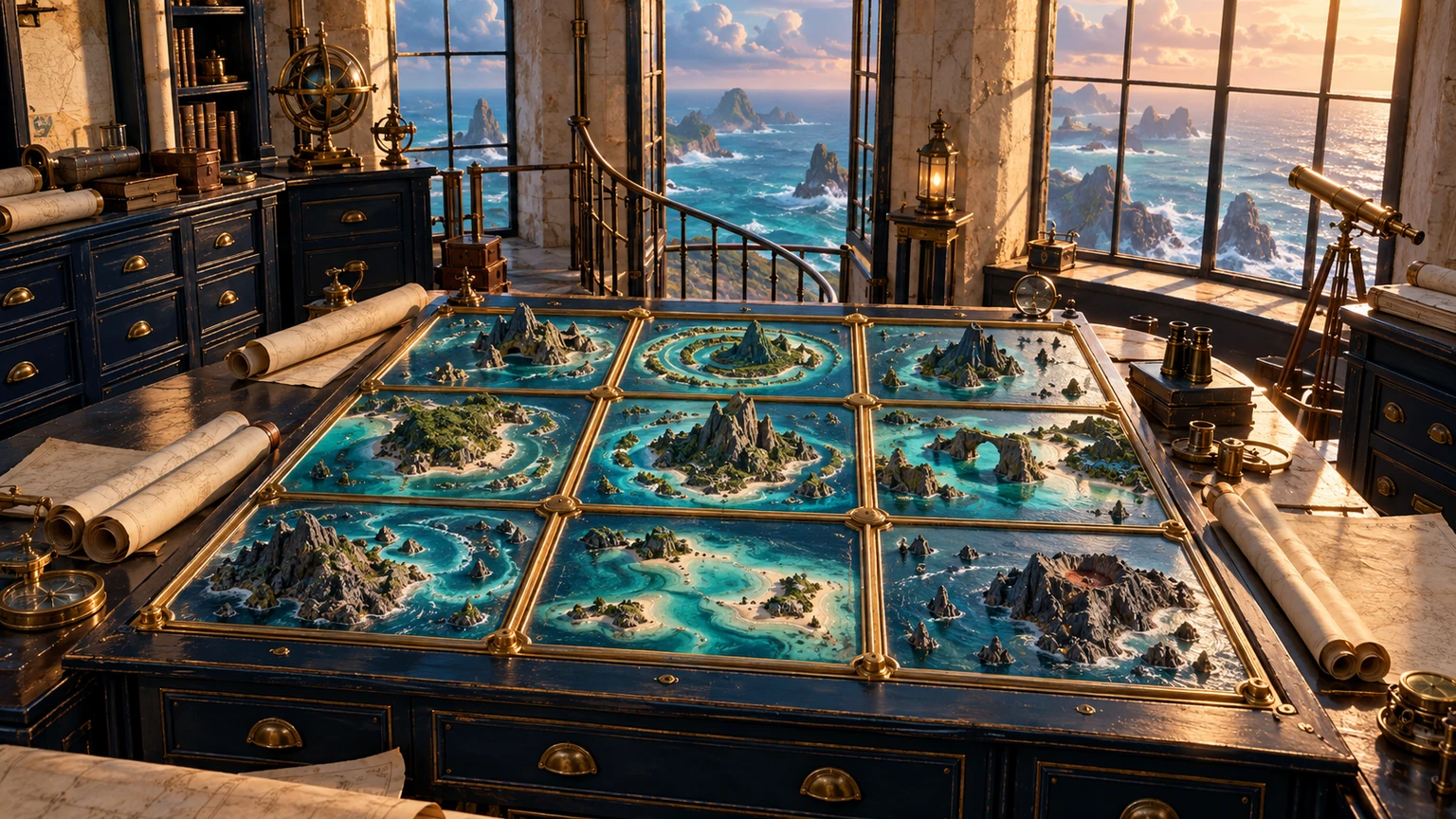 A brass-bound relief atlas in a coastal cartographer’s room