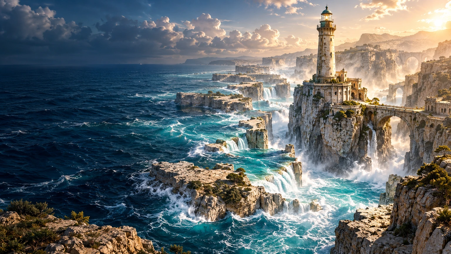 A remote lighthouse and scattered islands above a turquoise sea