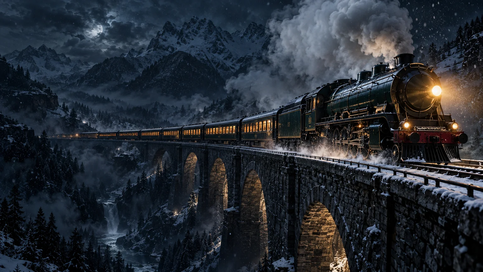 A golden midnight train crossing a high mountain viaduct beneath the stars