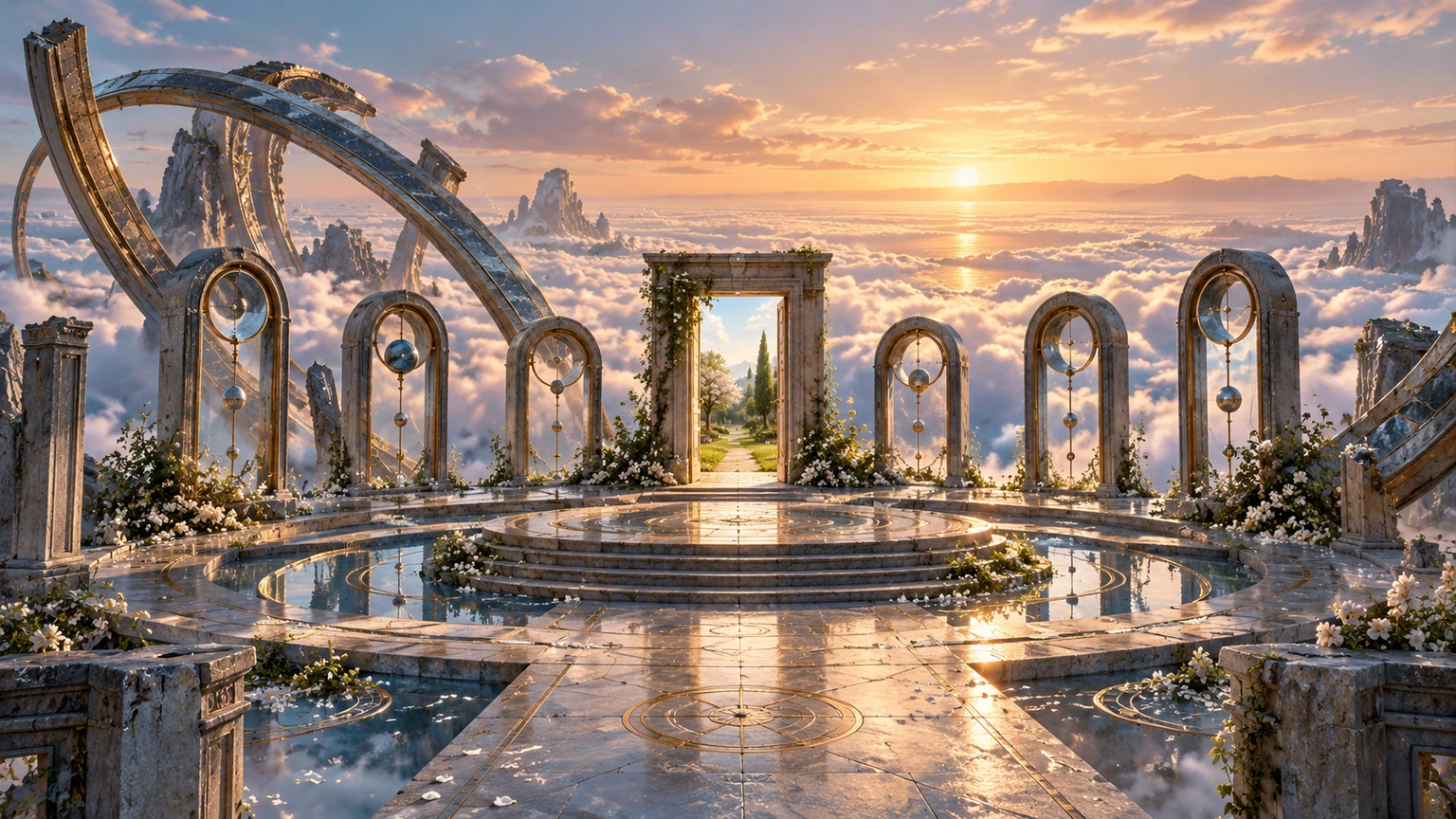 An ordinary door on a celestial observatory terrace opens into a sunlit garden