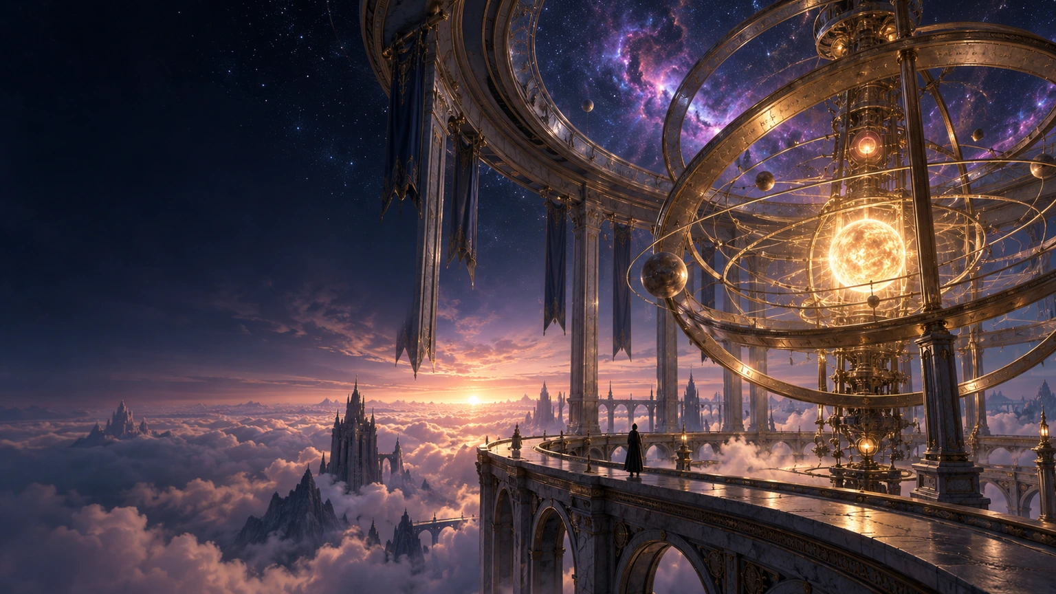 A great brass celestial engine suspended over clouds beneath a star-filled mechanical dome