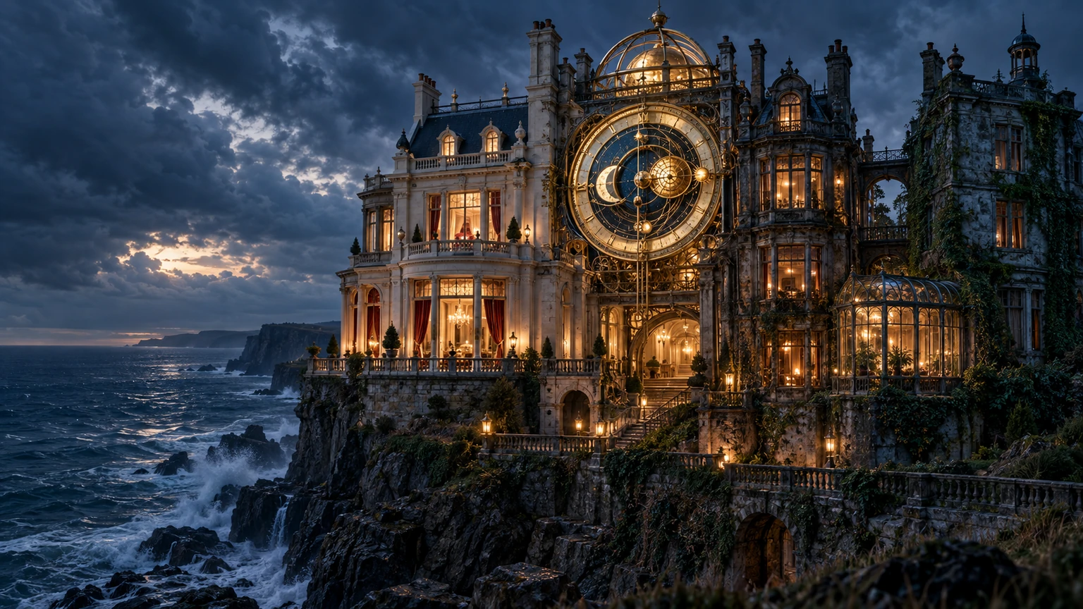 An illuminated old manor above a stormy coast, surrounded by impossible clocks