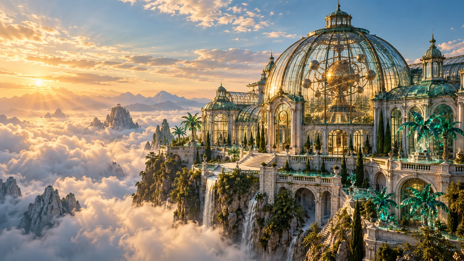 An intricate glass botanical observatory glowing green above a sea of clouds