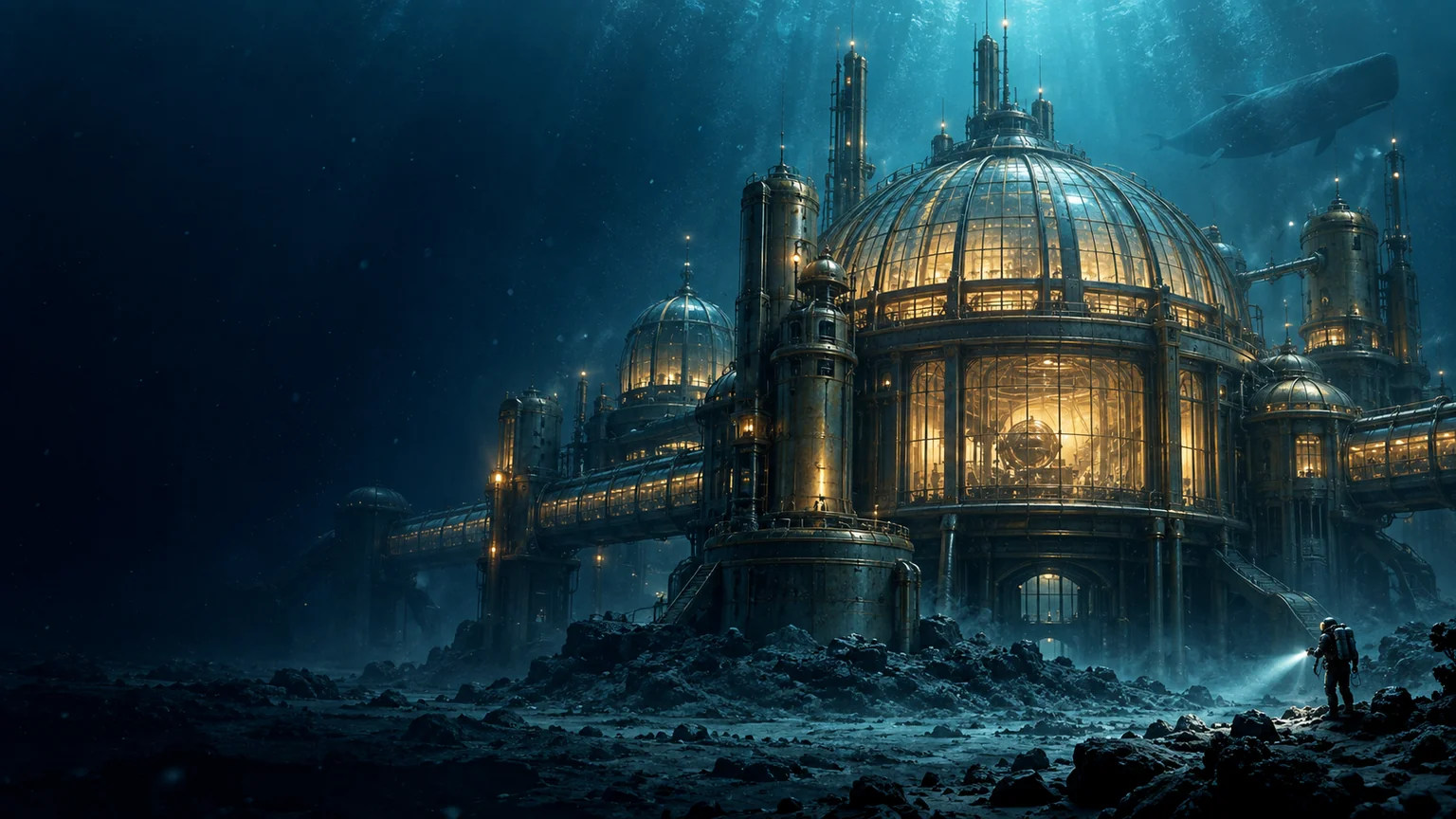 A warmly lit Art Deco observatory submerged in a vast teal ocean