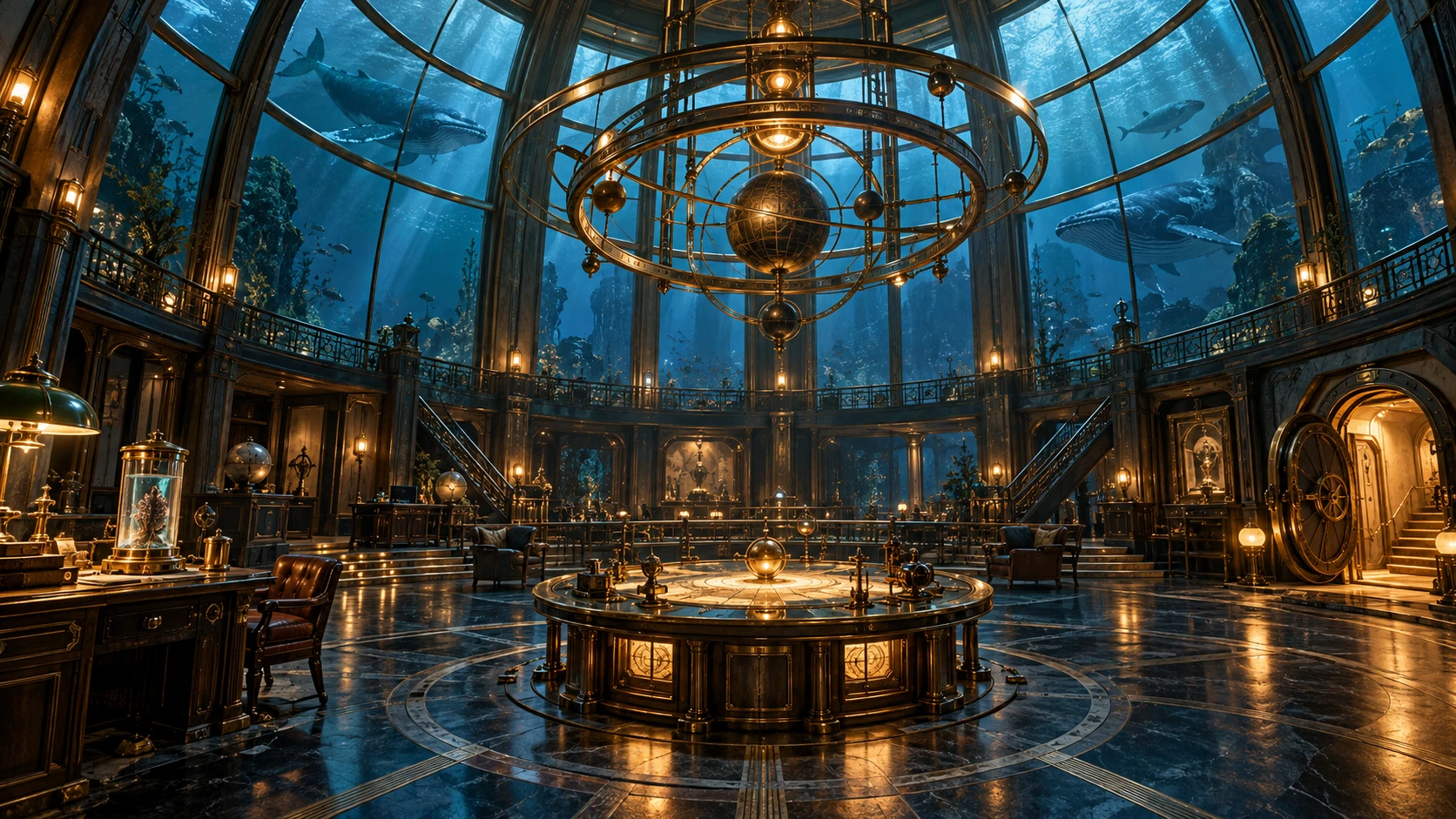 An illustrated view of the glass observatory, with a celestial instrument and a luminous prism