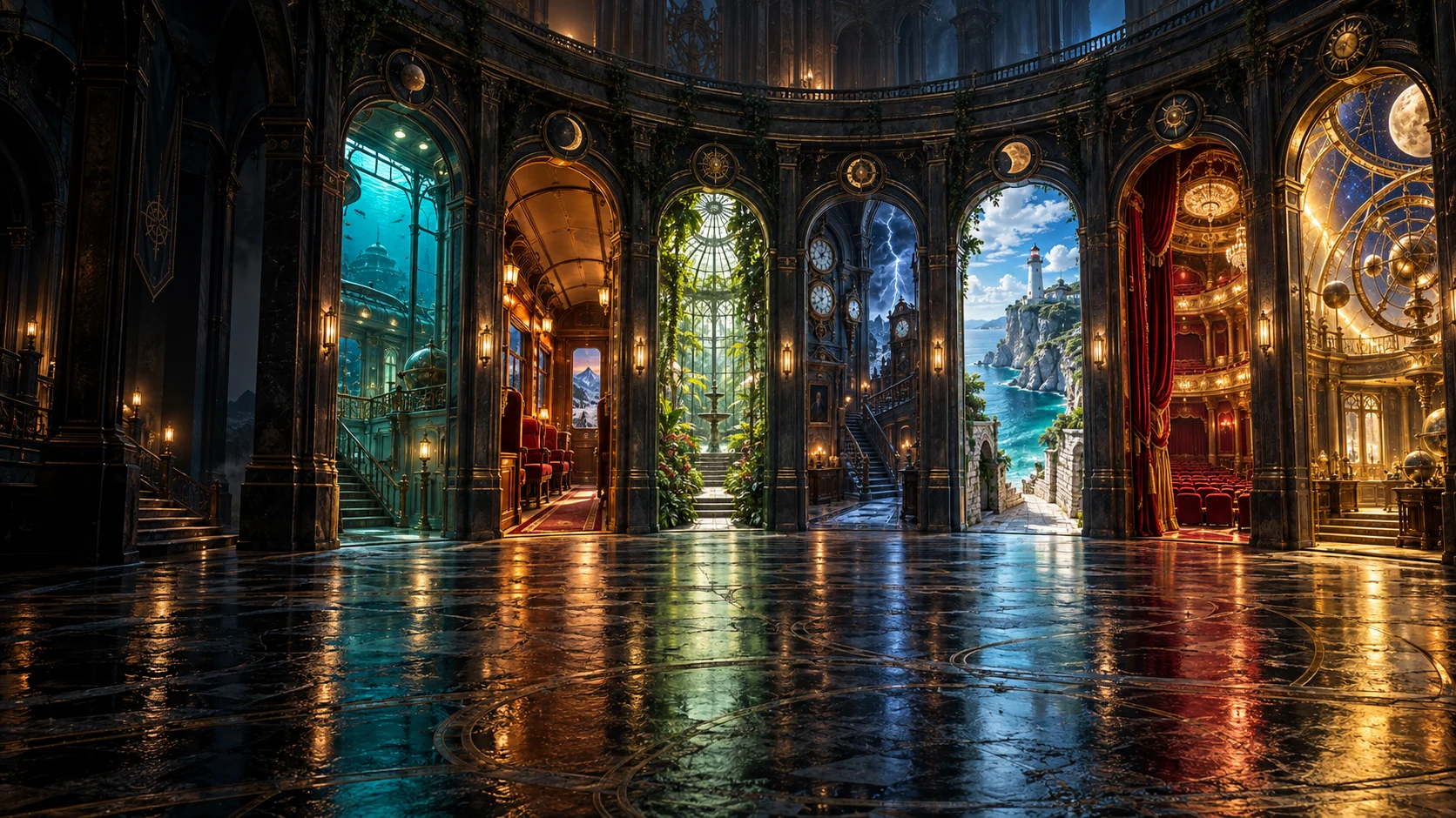 Seven illuminated doorways in a sweeping stone gallery open onto the seven worlds of the series