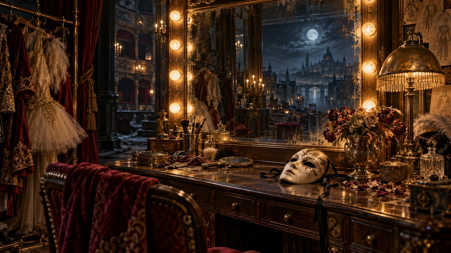 A theatrical mask before the illuminated mirror in a lavish dressing room