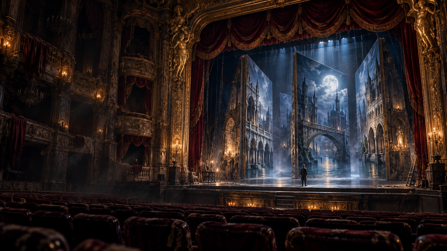 A lavish gilded opera theatre with velvet curtains and a mysterious illuminated stage